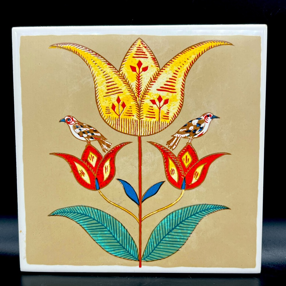 Vintage Folk Art Ceramic Tile Trivet With Tulips And Birds With Stand. 6 Inch